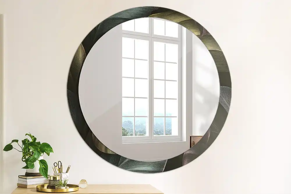 Round wall mirror decor Dark tropical leaves