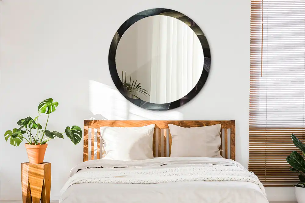 Round wall mirror decor Dark tropical leaves