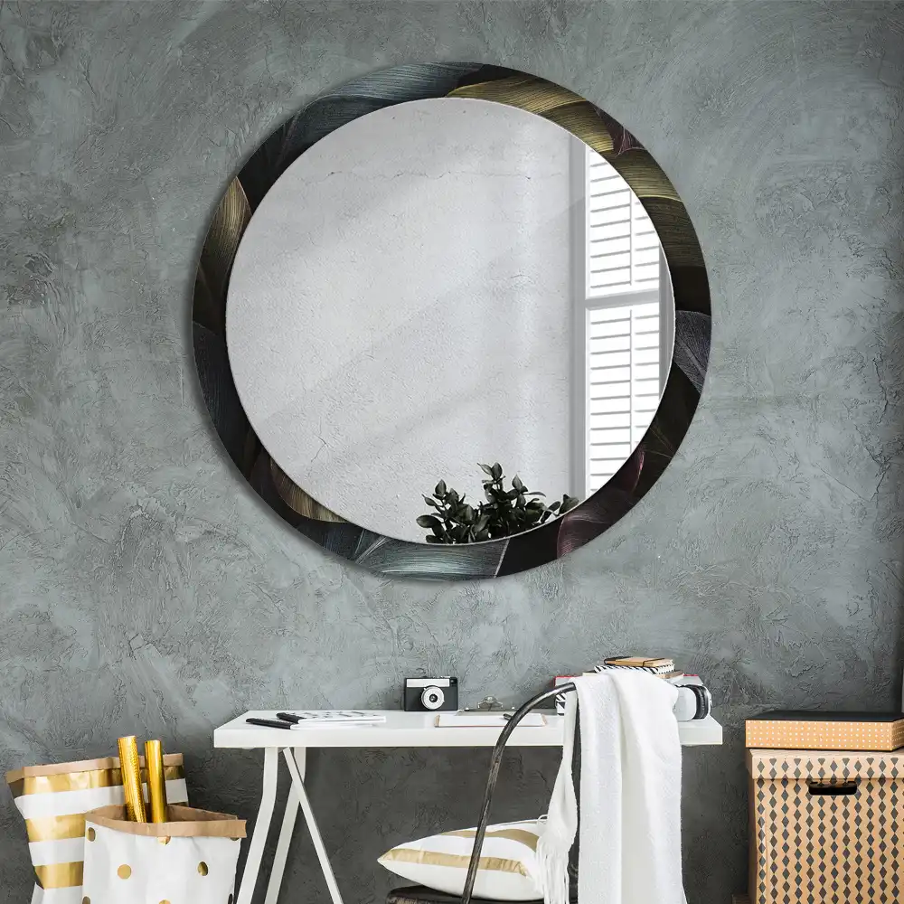 Round wall mirror decor Dark tropical leaves