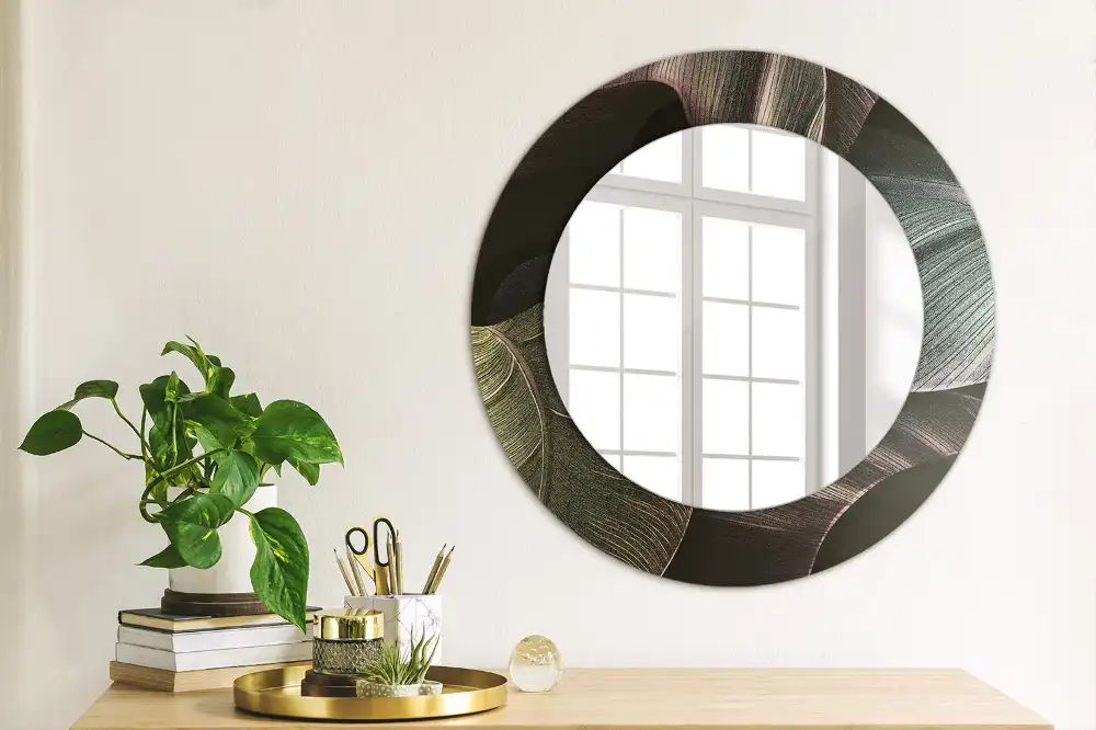 Round wall mirror decor Dark tropical leaves