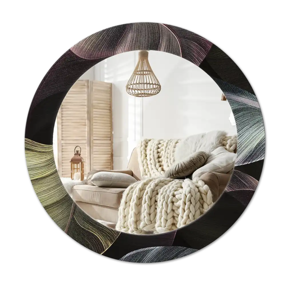 Round wall mirror decor Dark tropical leaves