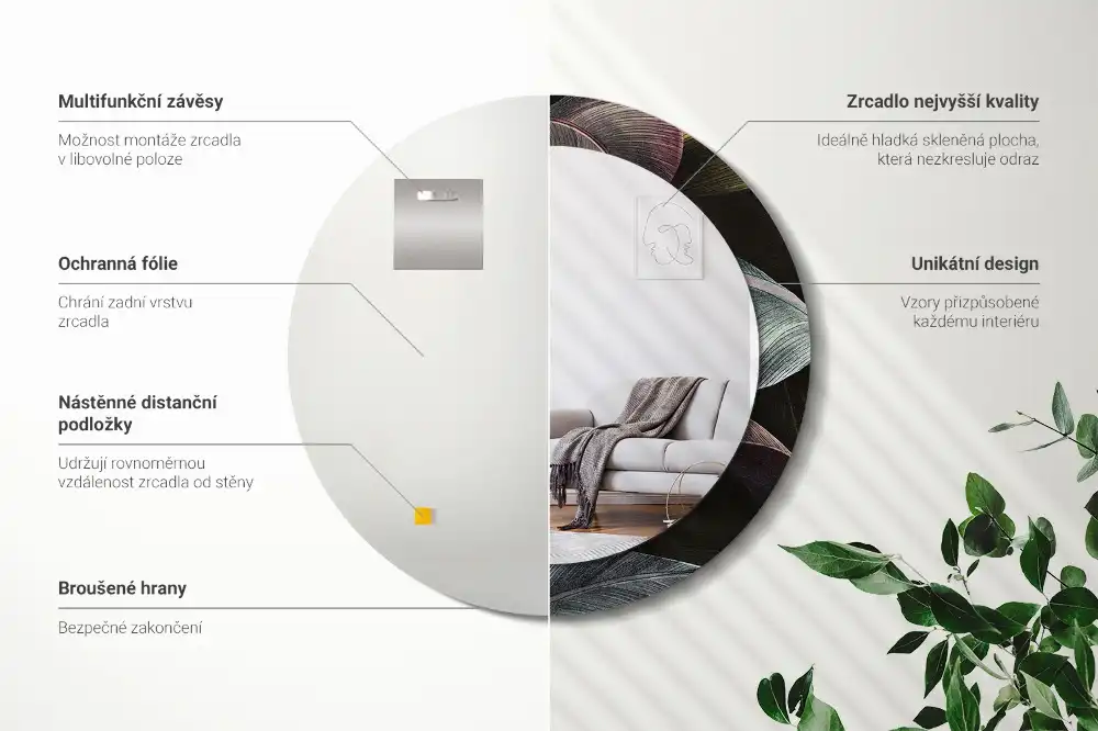 Round wall mirror decor Dark tropical leaves