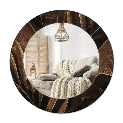 Round printed mirror Brown banana leaves