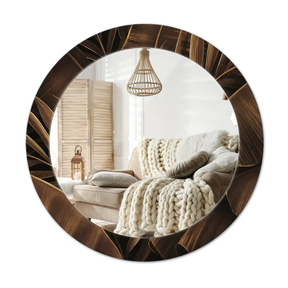 Round printed mirror Brown banana leaves