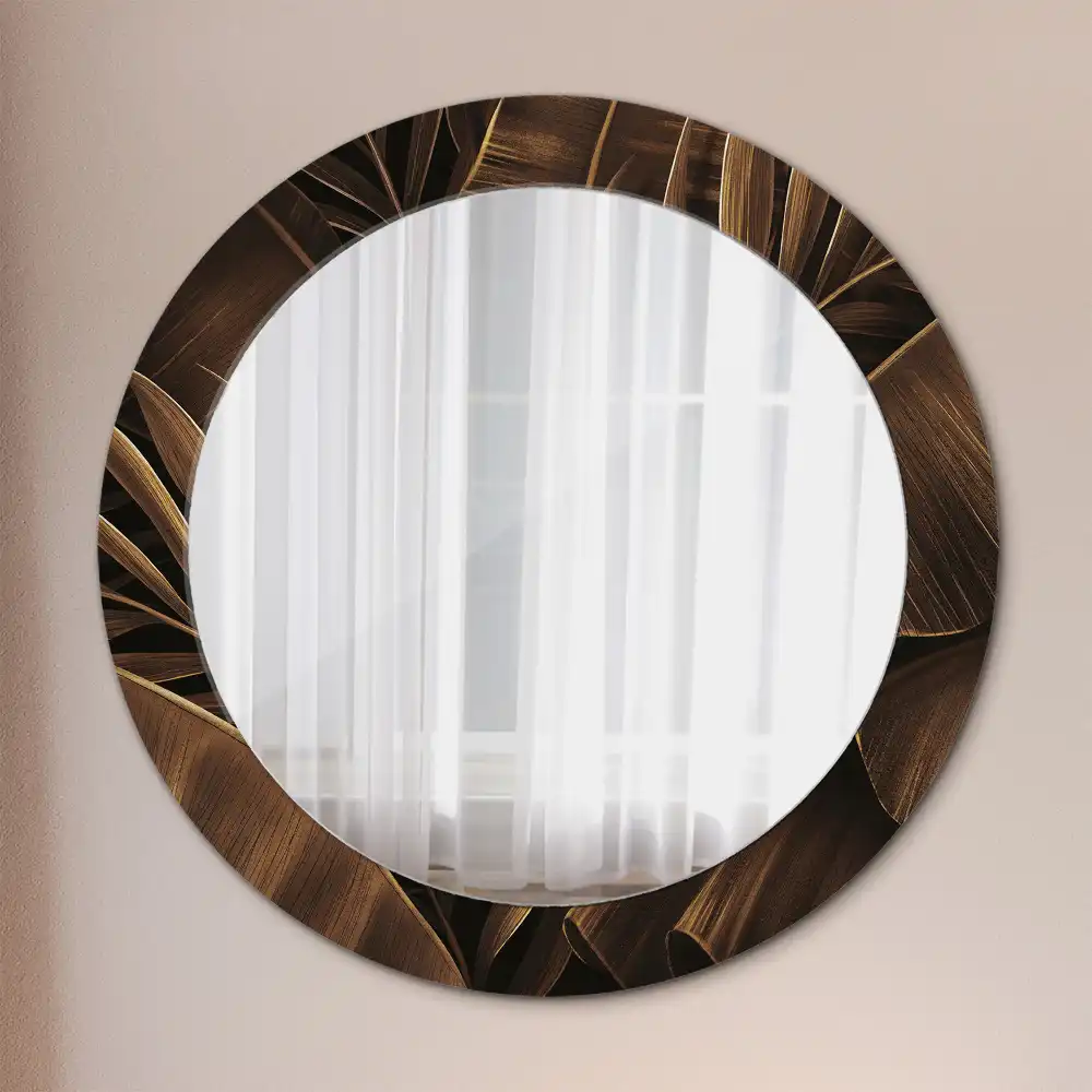 Round printed mirror Brown banana leaves