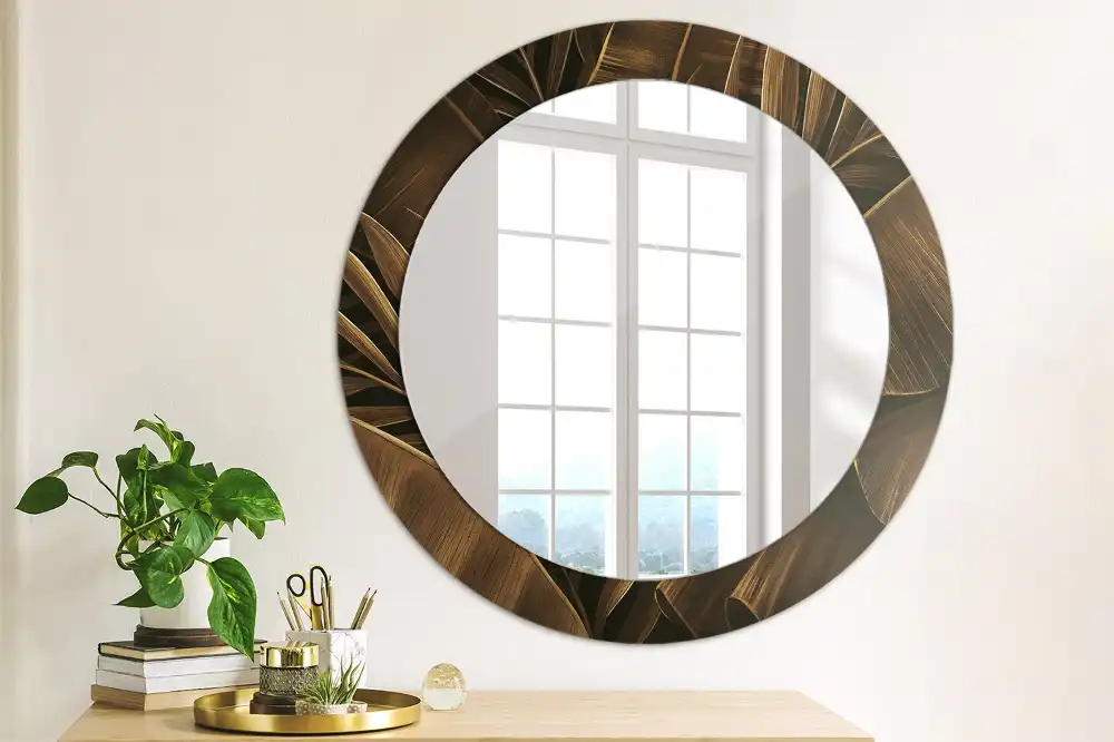 Round printed mirror Brown banana leaves