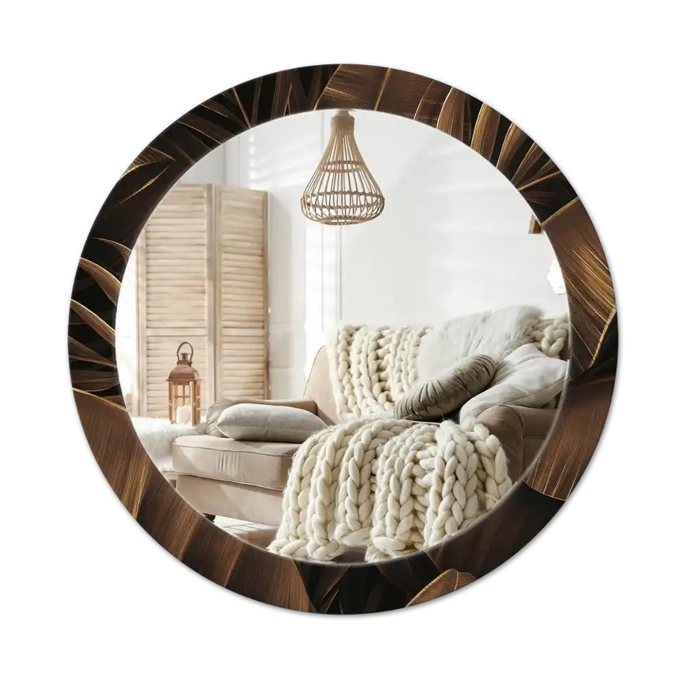Round printed mirror Brown banana leaves