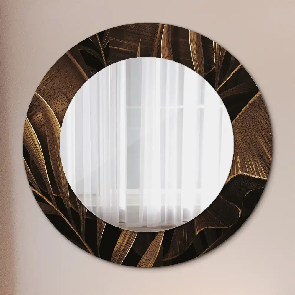 Round printed mirror Brown banana leaves