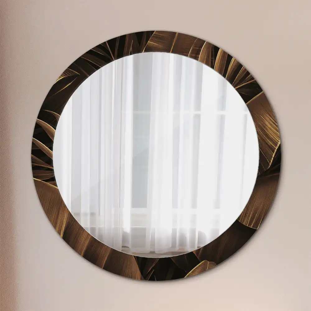 Round printed mirror Brown banana leaves
