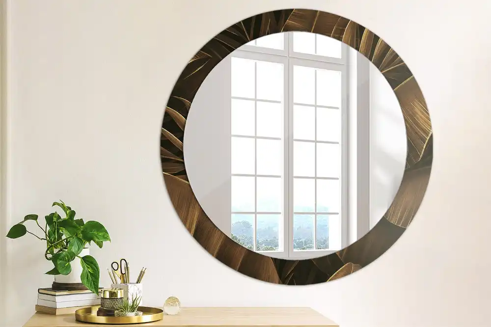 Round printed mirror Brown banana leaves