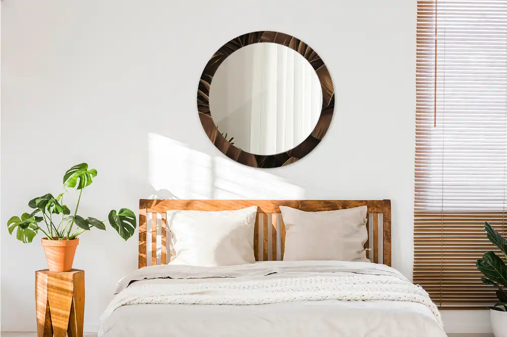 Round printed mirror Brown banana leaves