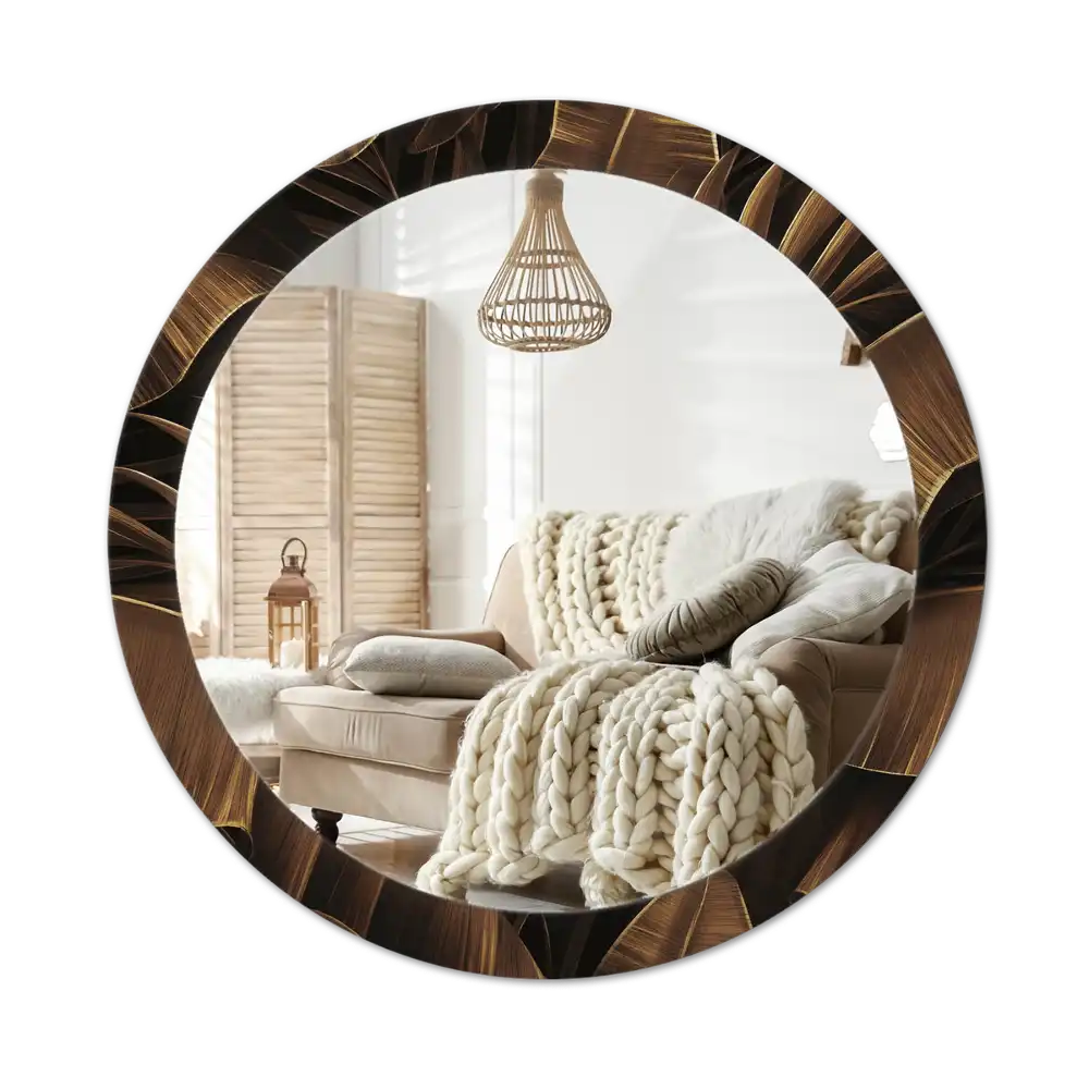 Round printed mirror Brown banana leaves
