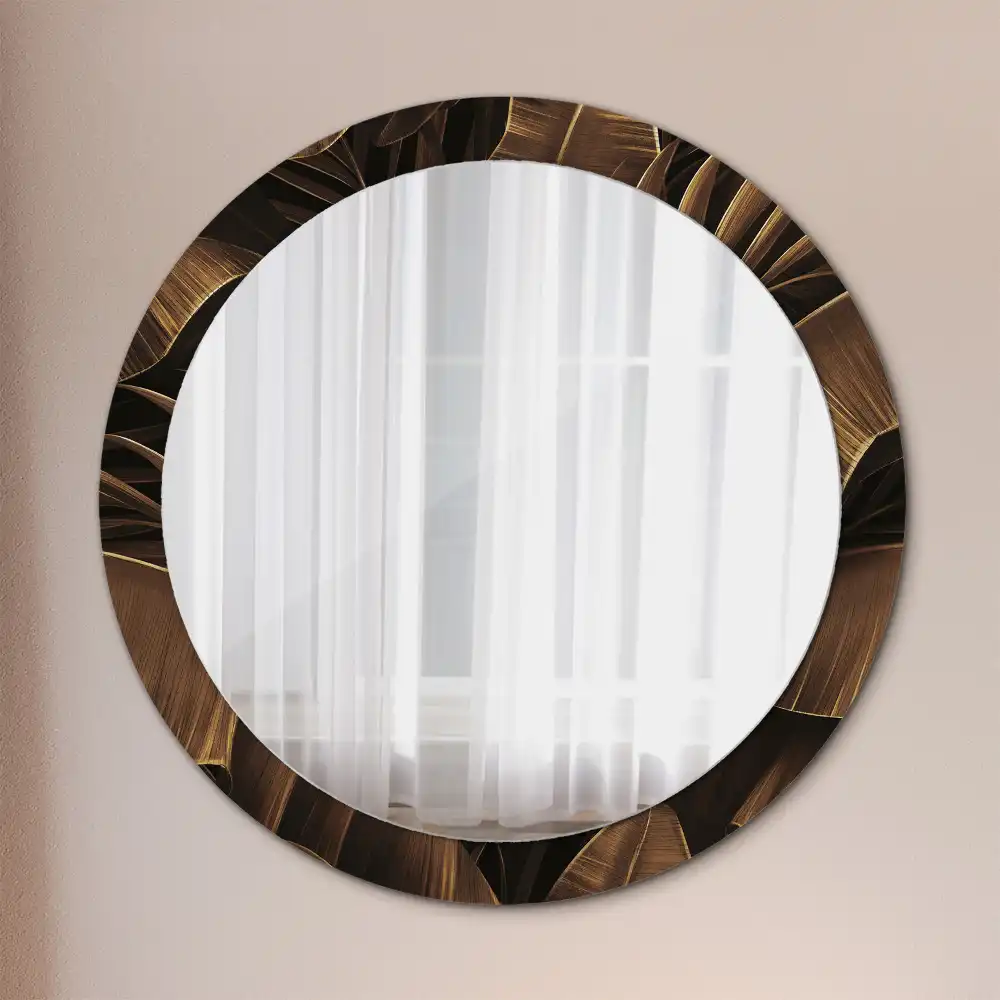 Round printed mirror Brown banana leaves