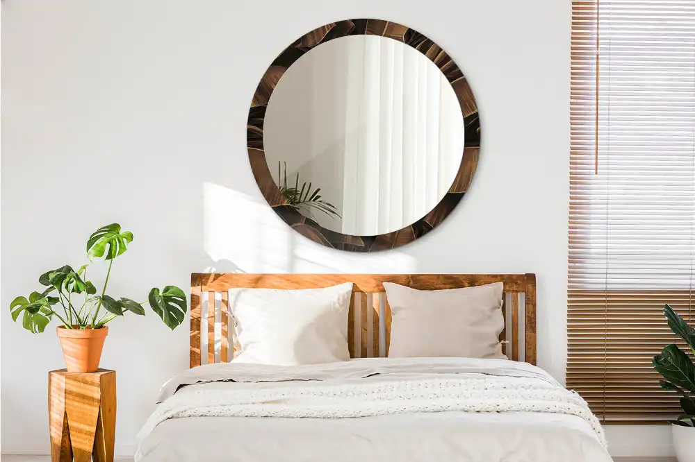 Round printed mirror Brown banana leaves