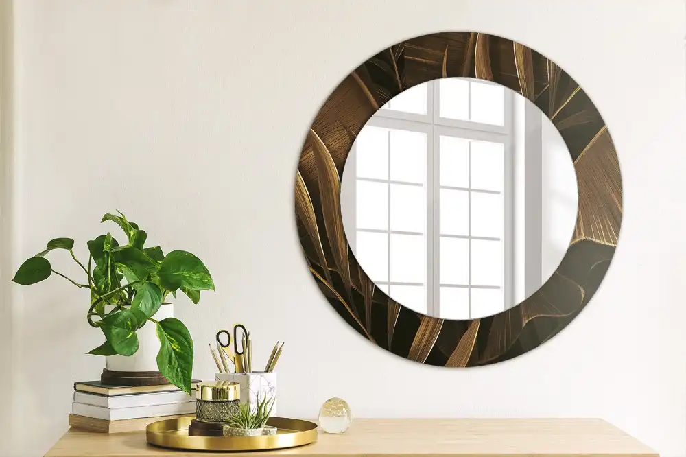 Round printed mirror Brown banana leaves