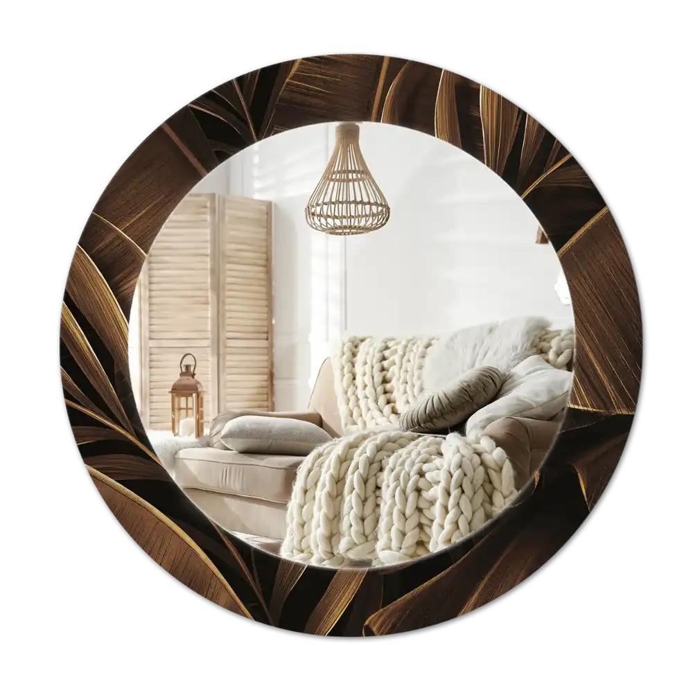 Round printed mirror Brown banana leaves