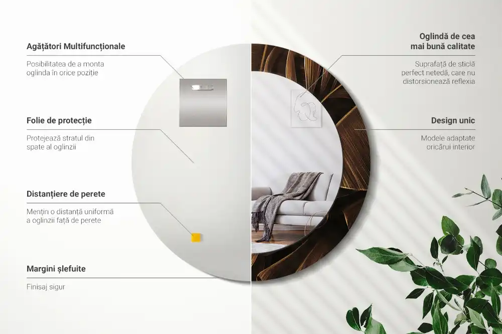 Round printed mirror Brown banana leaves