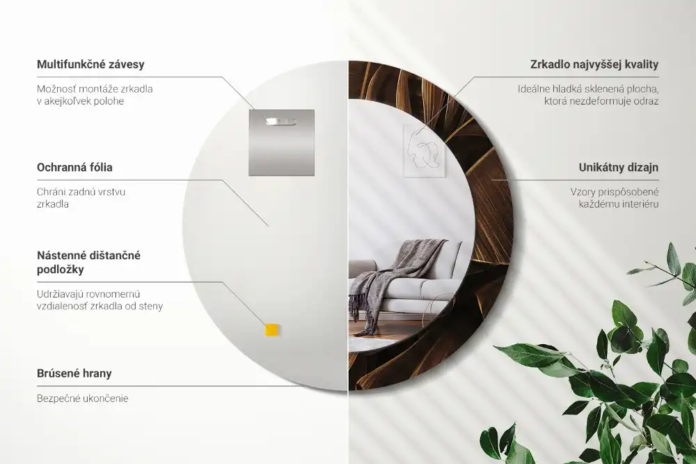 Round printed mirror Brown banana leaves