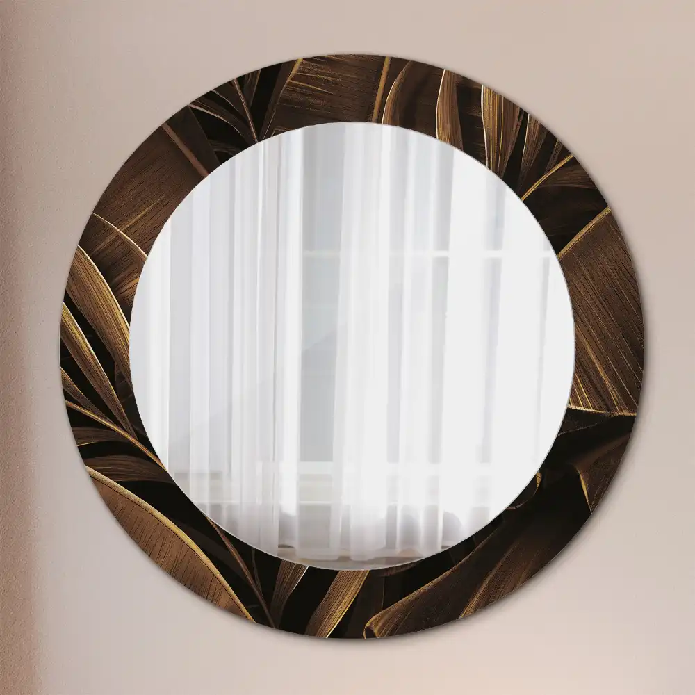 Round printed mirror Brown banana leaves