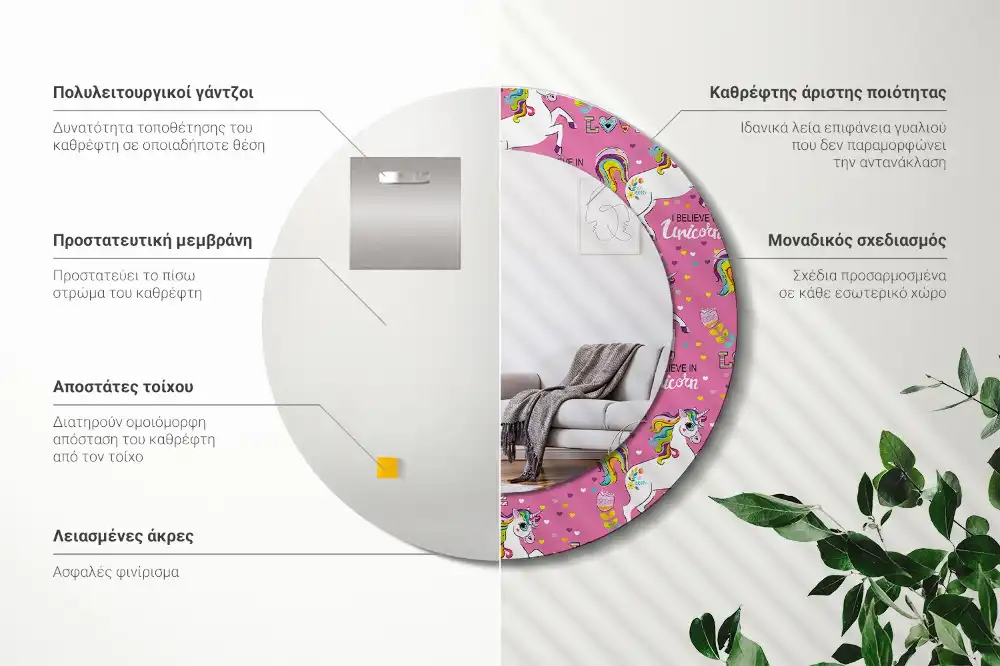Round mirror frame with print Magical Unicorn
