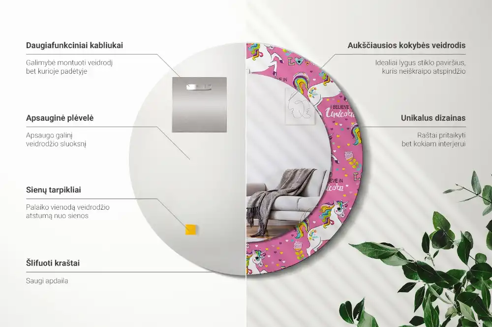 Round mirror frame with print Magical Unicorn