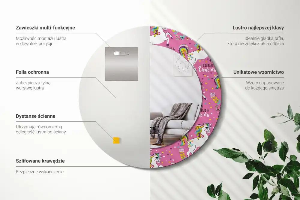 Round mirror frame with print Magical Unicorn