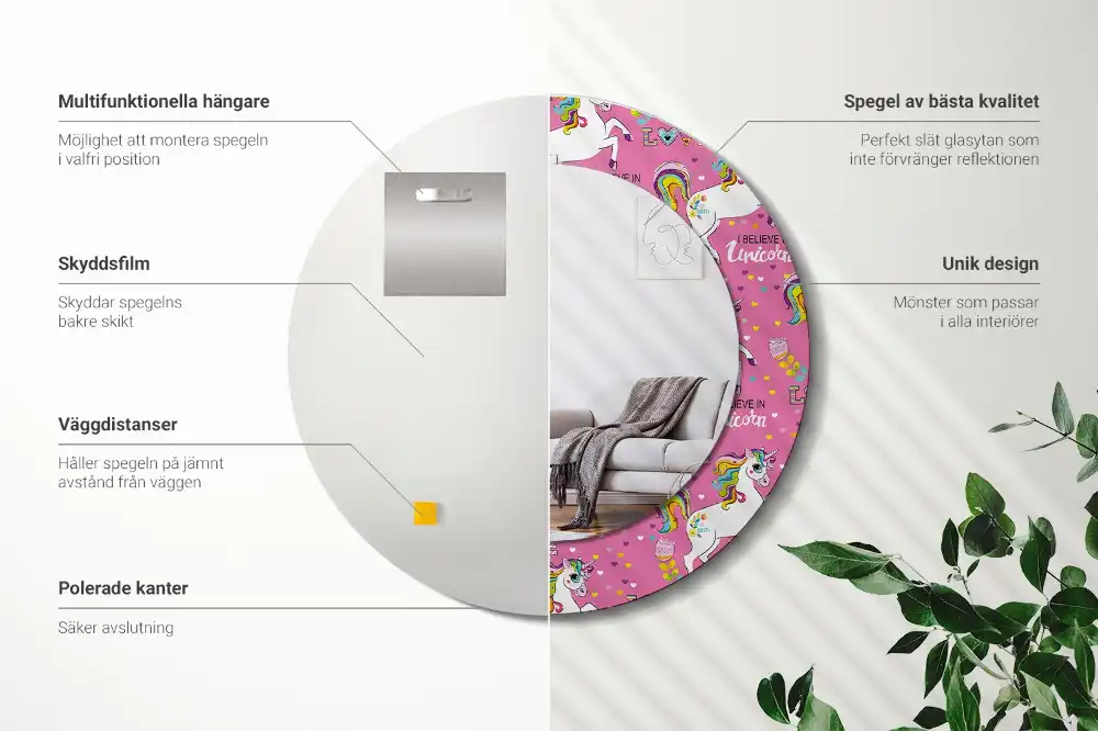 Round mirror frame with print Magical Unicorn