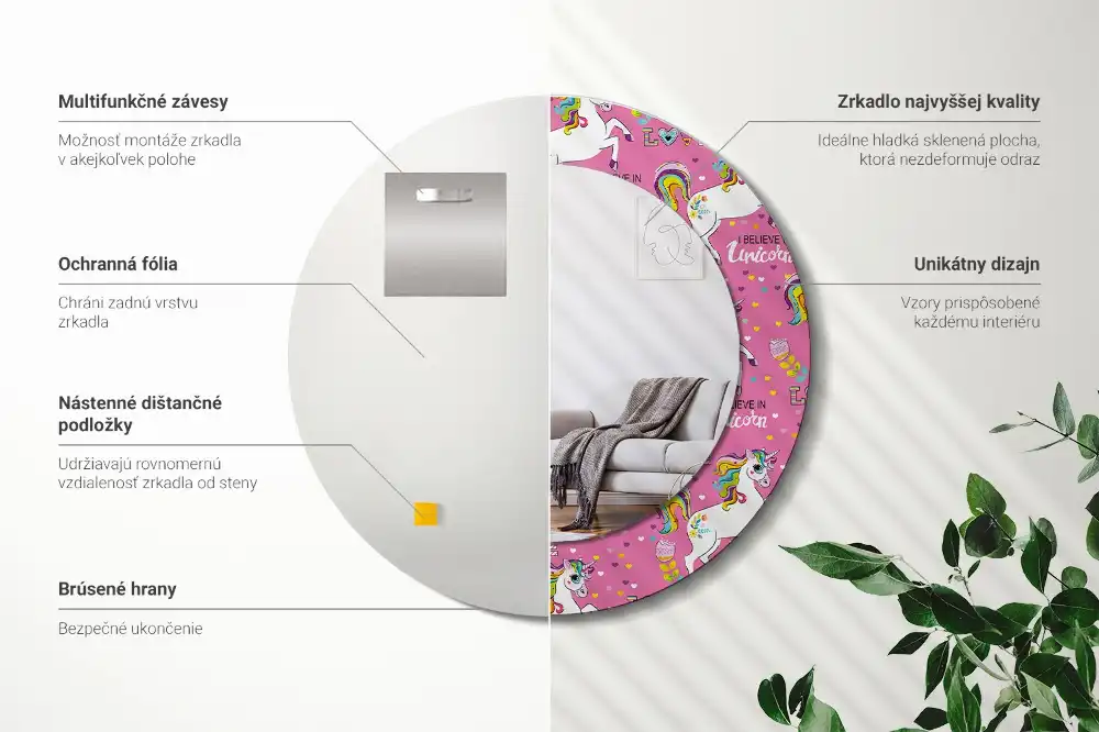 Round mirror frame with print Magical Unicorn