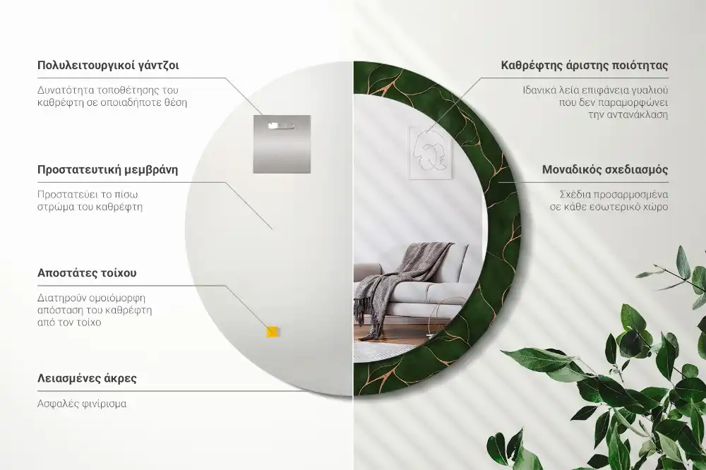 Round printed mirror Abstract leaf