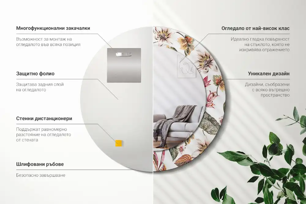 Round mirror frame with print Vintage flowers