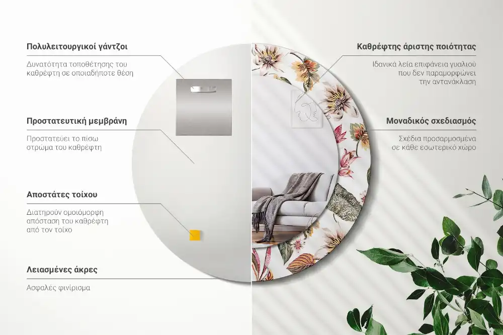 Round mirror frame with print Vintage flowers