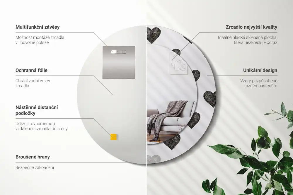 Round mirror frame with print Abstract hearts
