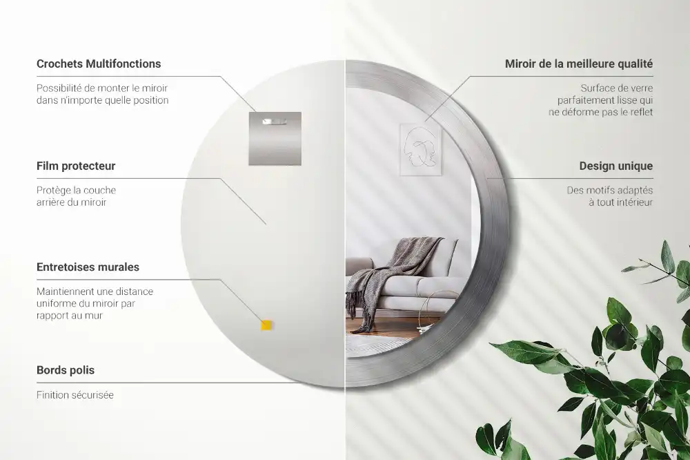 Round mirror frame with print Imitation metal