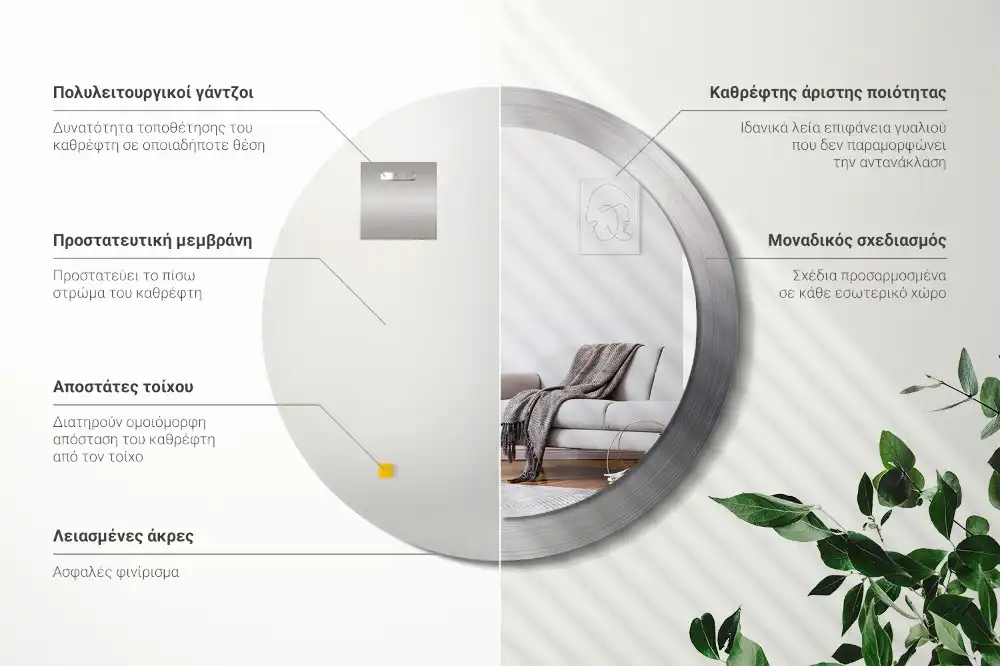 Round mirror frame with print Imitation metal