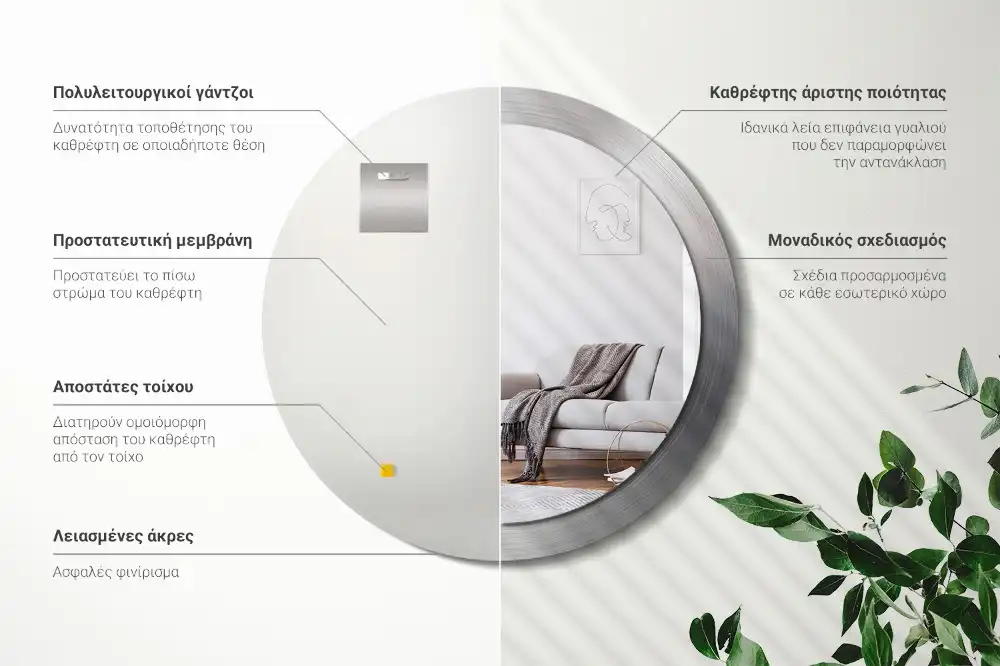 Round mirror frame with print Imitation metal