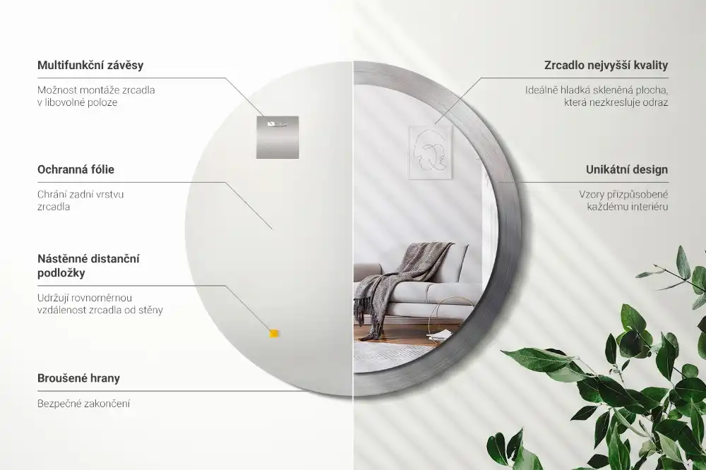 Round mirror frame with print Imitation metal