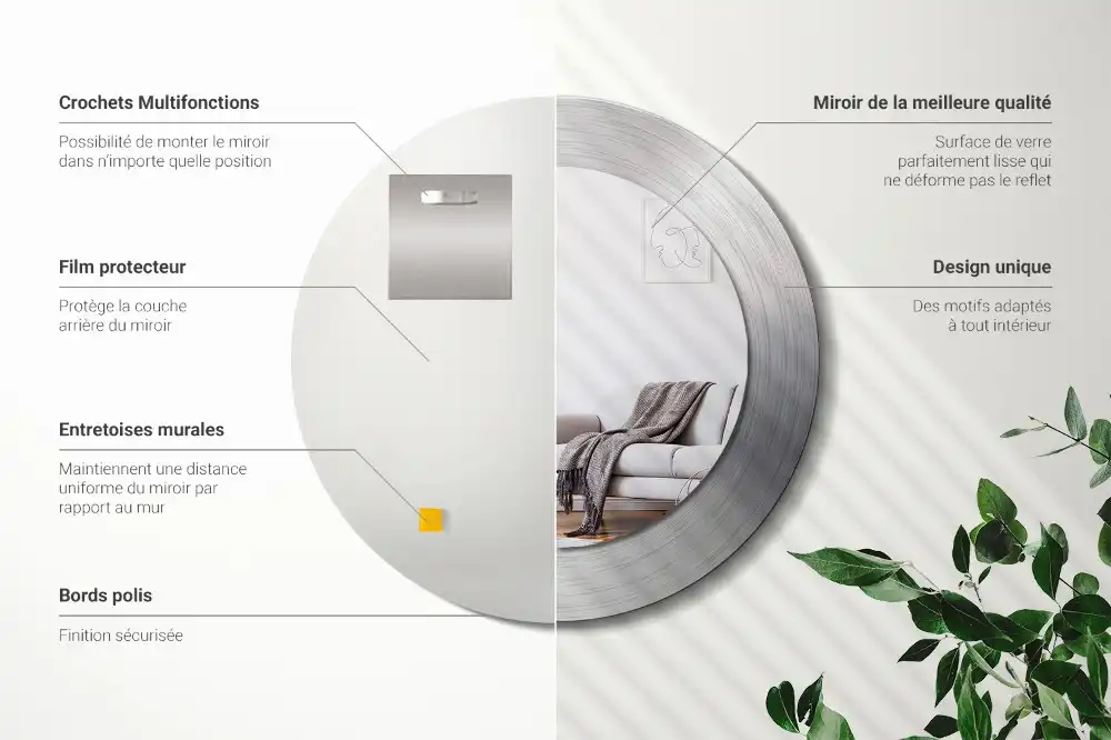 Round mirror frame with print Imitation metal