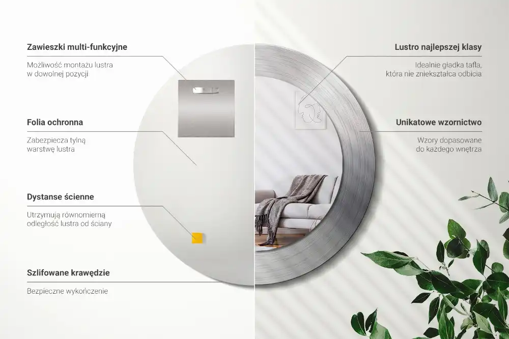 Round mirror frame with print Imitation metal