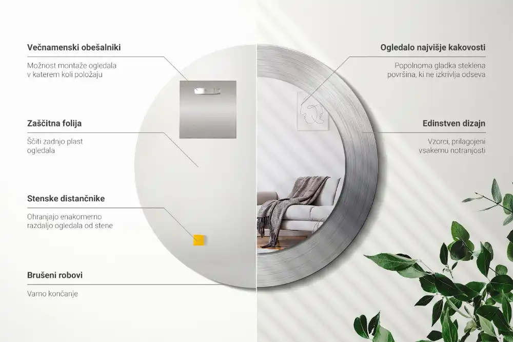 Round mirror frame with print Imitation metal