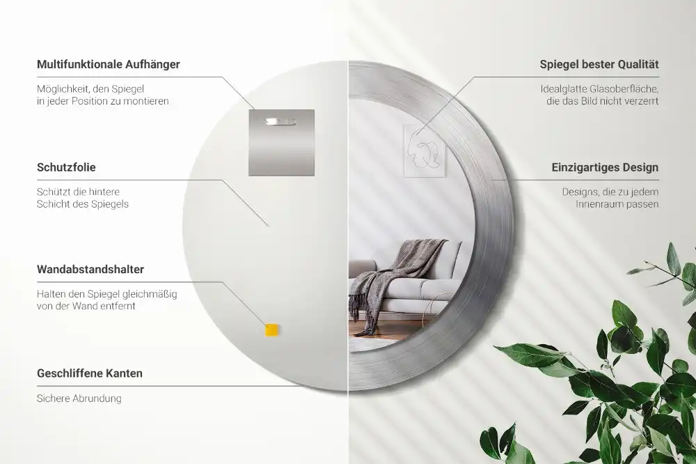 Round mirror frame with print Imitation metal