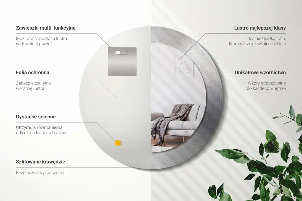 Round mirror frame with print Imitation metal