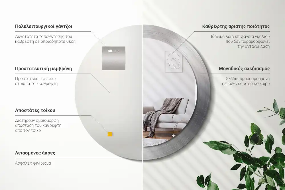 Round mirror frame with print Imitation metal