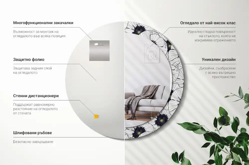 Round wall mirror decor Flower arrangement