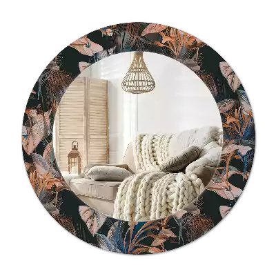 Round mirror frame with print Dark tropical leaves