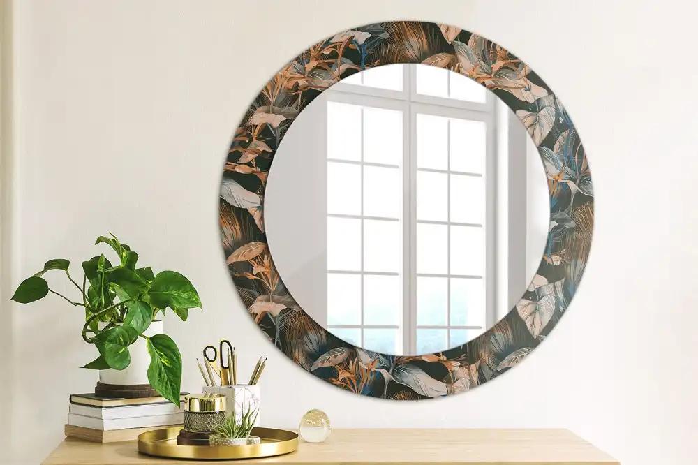 Round mirror frame with print Dark tropical leaves