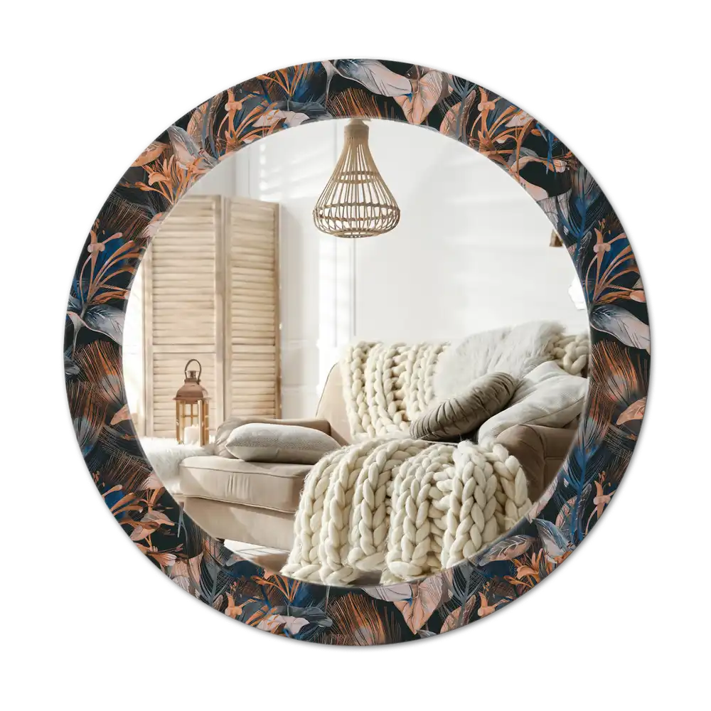 Round mirror frame with print Dark tropical leaves