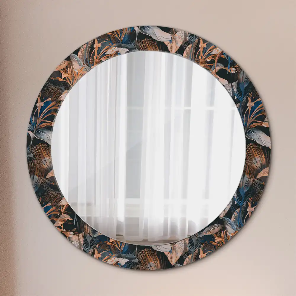 Round mirror frame with print Dark tropical leaves