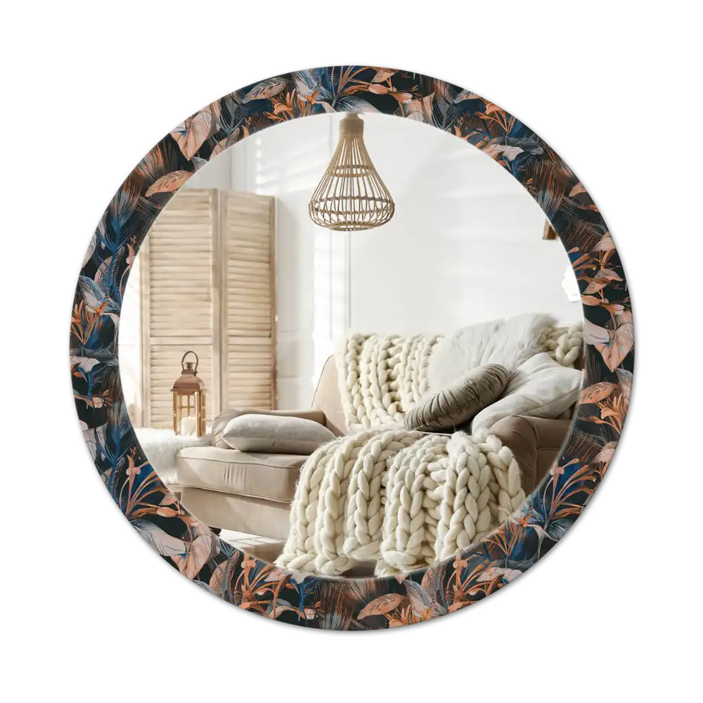 Round mirror frame with print Dark tropical leaves
