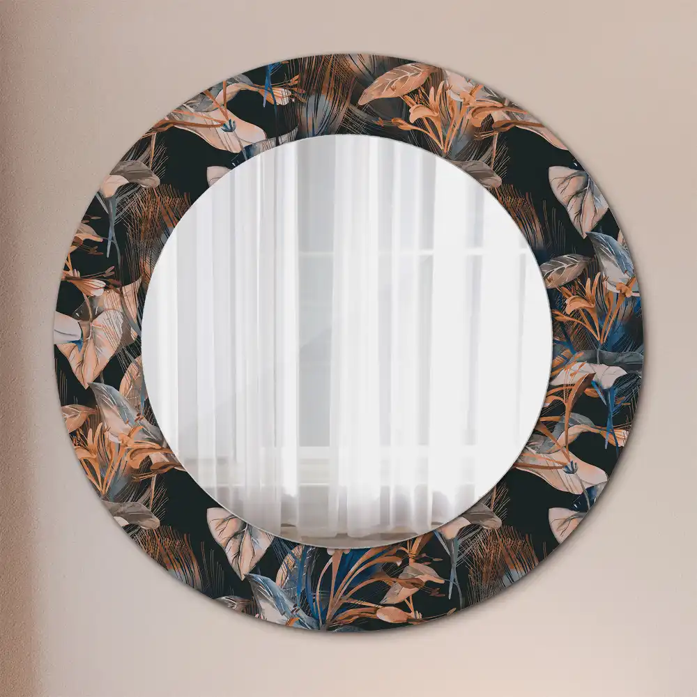 Round mirror frame with print Dark tropical leaves