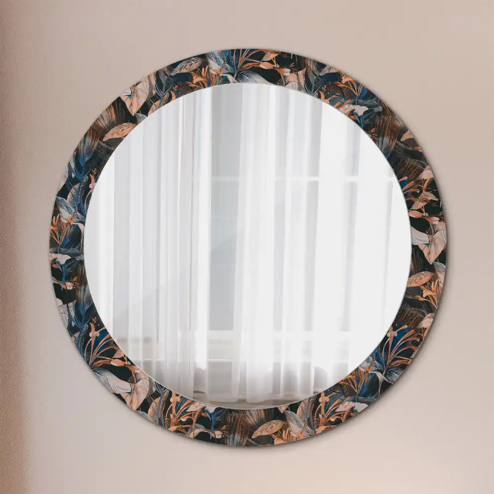 Round mirror frame with print Dark tropical leaves